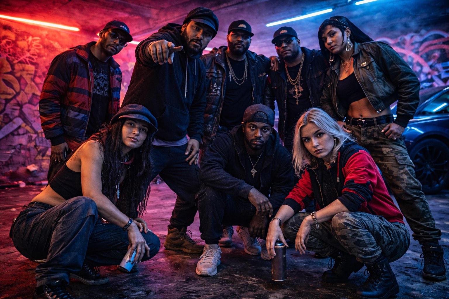 Team underground, ambiance néon, culture hip-hop