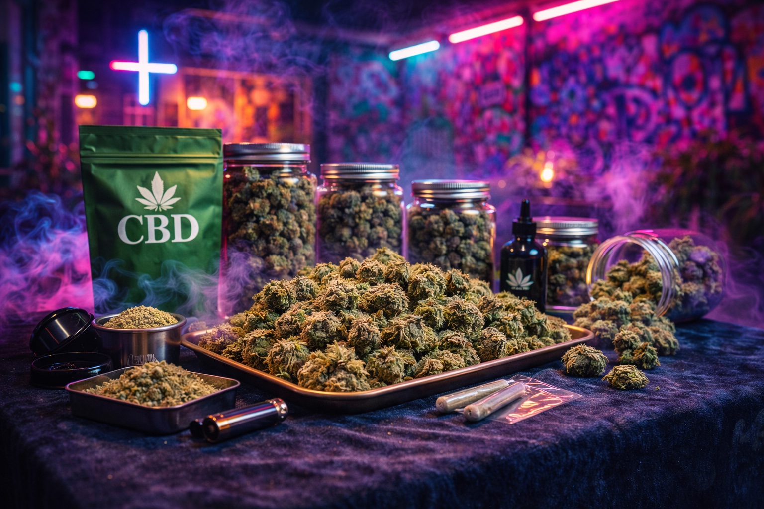 Table soignée, produits CBD présentés avec élégance