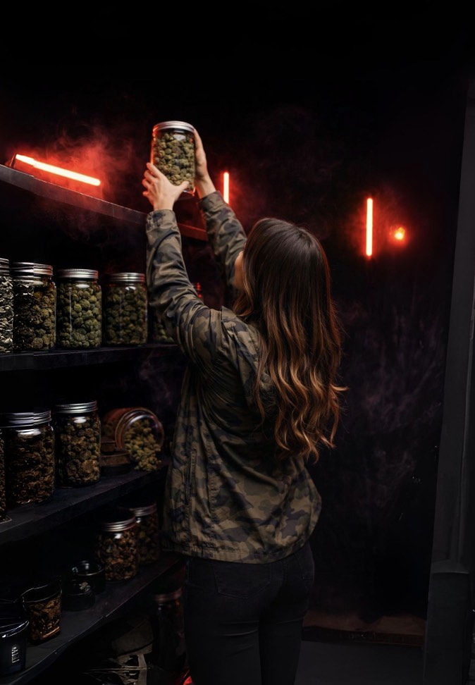 Employée disposant un produit CBD sur l'étagère de la boutique 3x FILTRÉ