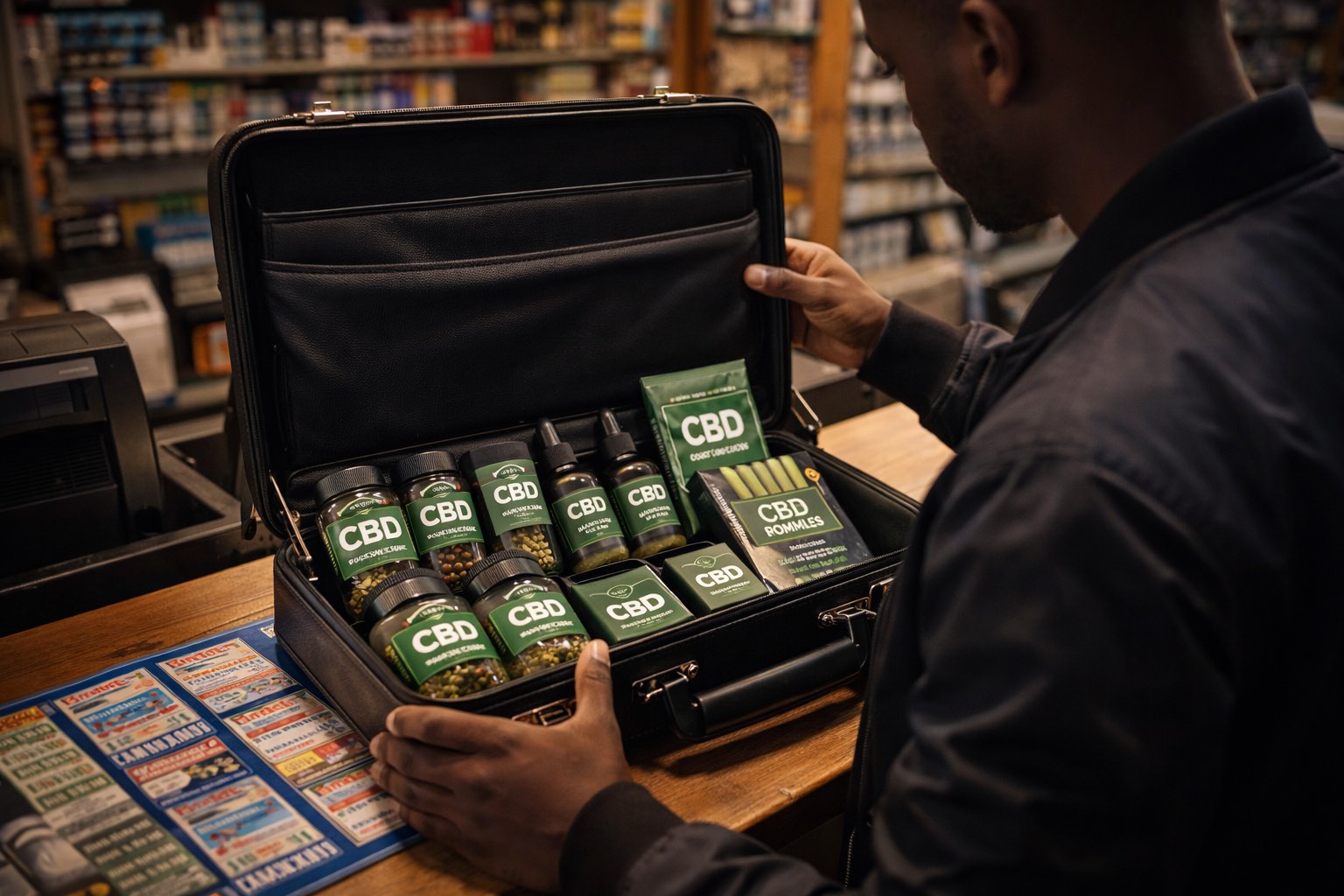 Sondy ouvrant sa mallette de produits CBD